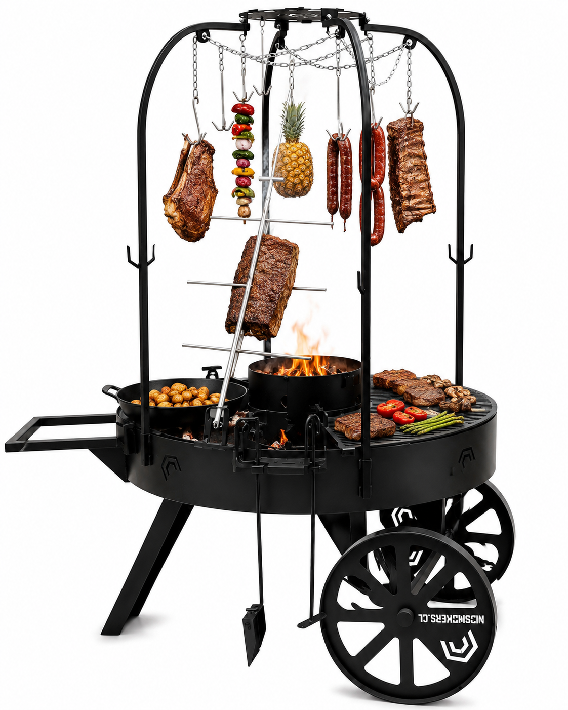 LA RAMONA, parrilla multifuncional con ruedas, 120 cms (grilla y plancha enlozadas)